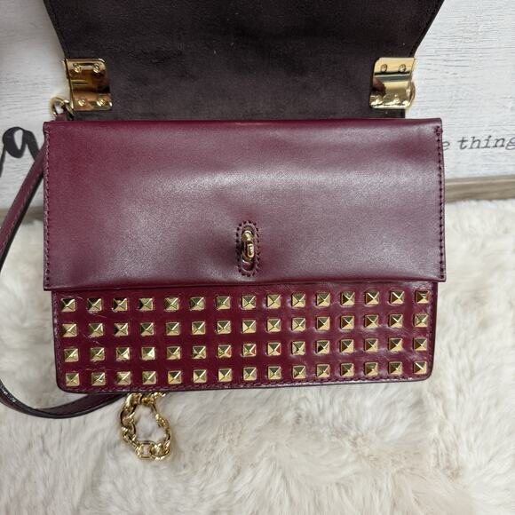 MICHAEL KORS Greenwich Studded Leather Shoulder Bag Burgundy Dark Berry - Picture 9 of 13